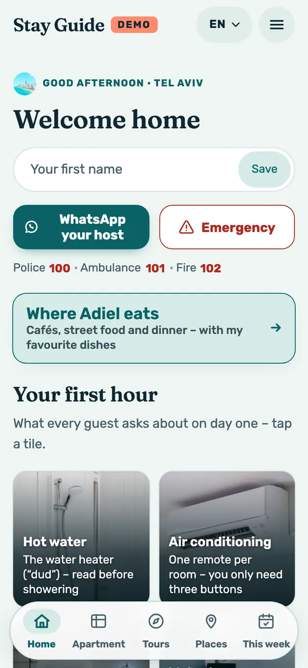 Screenshot of the demo on a phone: the welcome screen with WhatsApp and Emergency buttons, “Where Adiel eats” and “Your first hour”