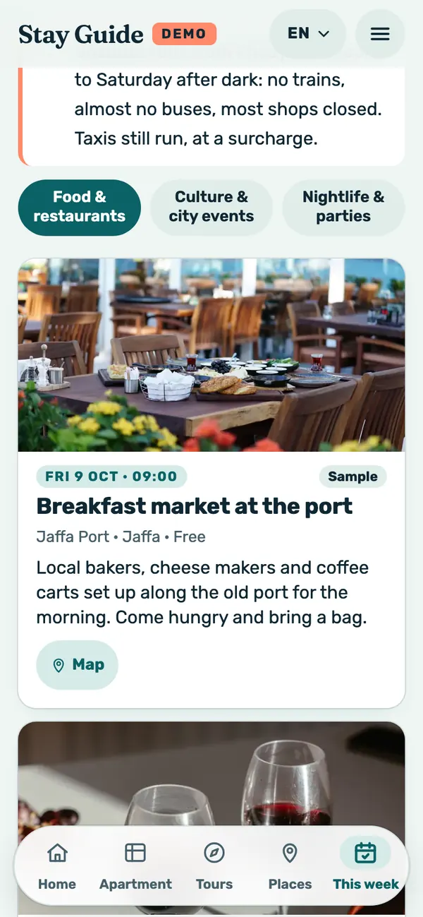 Screenshot of the demo on a phone: “This week” with a sample event and a Map button