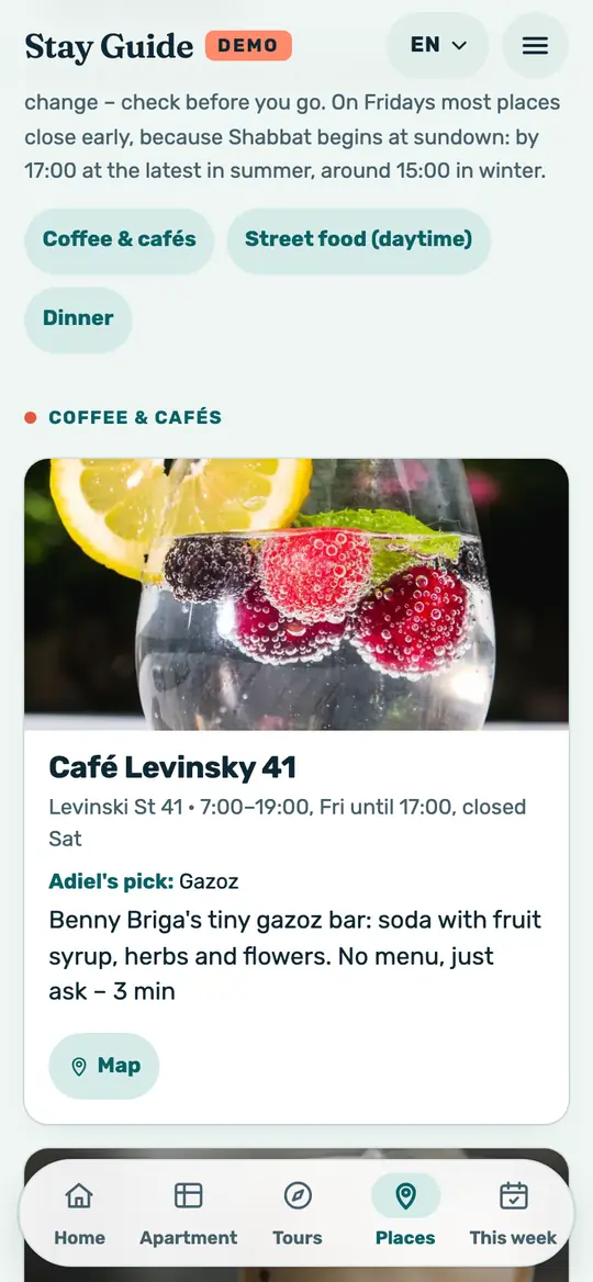 Screenshot of the demo: a café card in “Where Adiel eats” with “Adiel’s pick” and a Map button