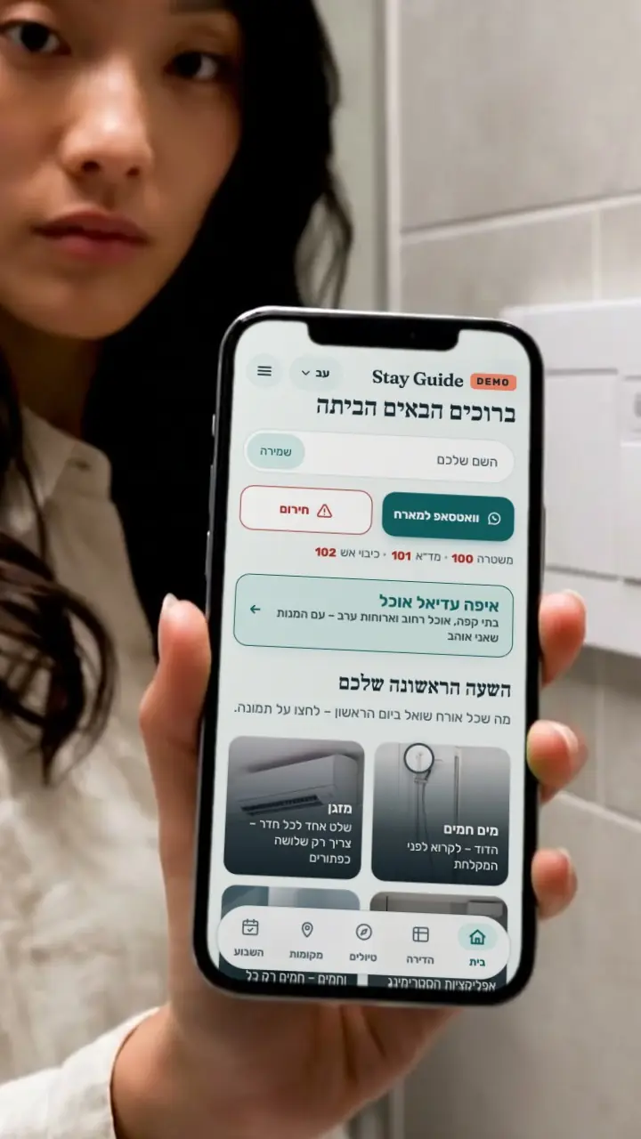 תמונת הפתיחה של הסרט: אורחת מחזיקה טלפון ובו מסך הפתיחה של המדריך לדירה